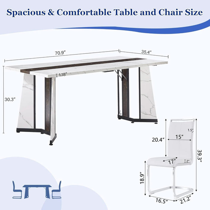 Dining Table Set for 6,White Marble 71'' Dining Room Table with Spacious Legroom and White Leather Dining Chairs,Easy Assembley,7 Pieces Kitchen Table and Chairs for Dining Room,Restaurant