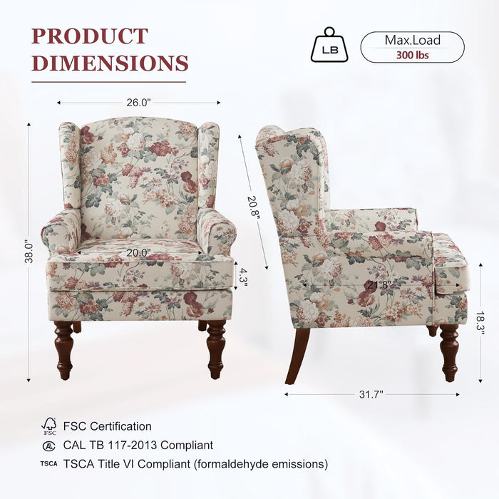 Red Floral Wingback Accent Chair Linen Upholstered