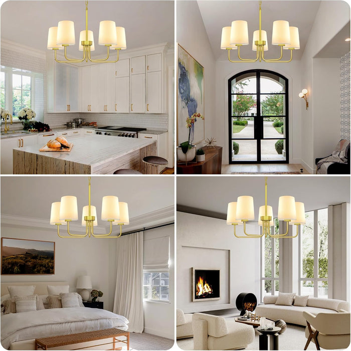 Farmhouse Chandelier, 5-Light Gold Chandelier with White Fabric Shade, Height Adjustable Modern Dining Room Light Fixture with E26 Base for Bedroom Foyer Hallway Entryway Kitchen Living Room