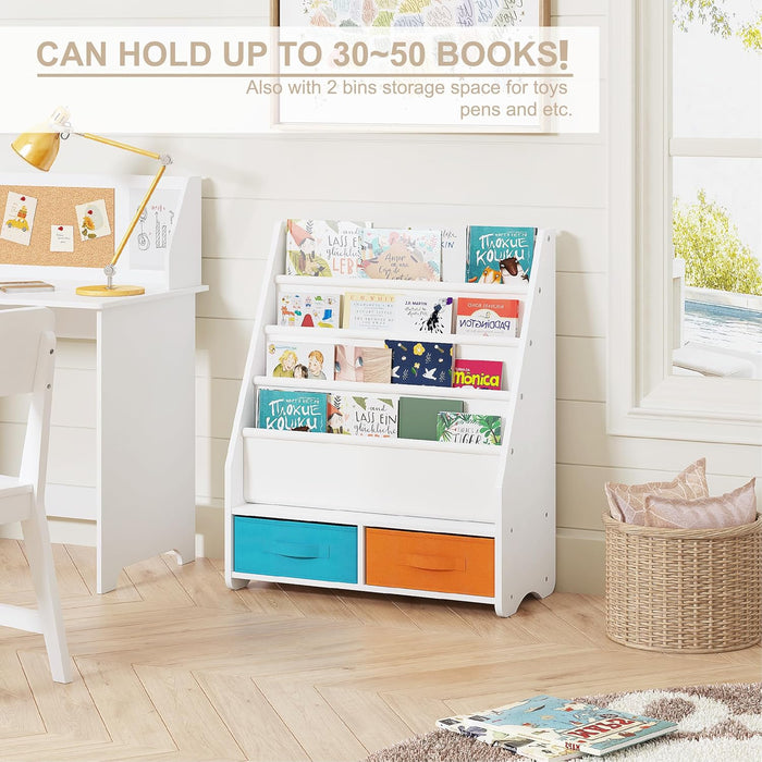 Kids Bookshelf with Storage Bins, Book Shelf for Kids Rooms, 4-Tier Toddler Sling Bookshelf for Nursery, Living Room, Bedroom, White