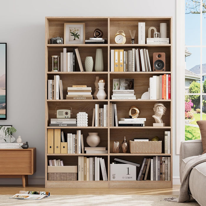 Bookshelf and Bookcase, 6-Tier Double Wide Bookshelves,Freestanding Display Storage Shelves, Tall Bookcases for Home Decor Bedroom, Living Room, Home Office, Light Oak