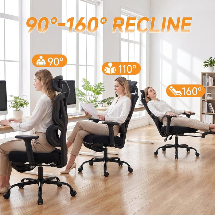 Ergonomic Office Chair with Footrest, 90-160° Reclining Mesh Desk Chair, 3D Armrest & 2D Headrest & Comfortable Lumbar Support, High Back Mesh Computer Chair for Home Office Long Hours, Tilt Lock