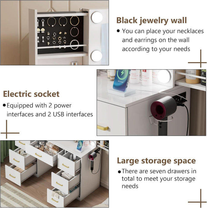 White Makeup Vanity Desk with Lighted Mirror & Power Outlet,3 Color Modes, Brightness Adjustable,Vanity Table with Drawer,Sliding 2 Storage Wall-Mounted Jewelry,4 Shelves for Bedroom