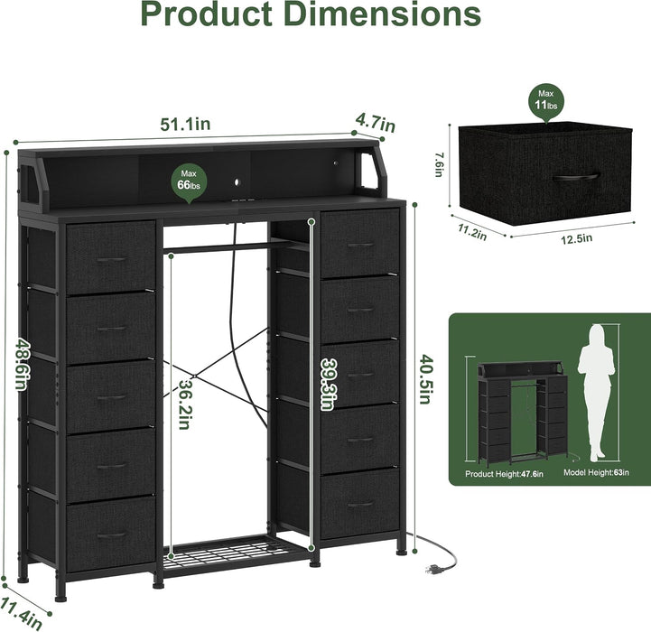 51" Dresser with Hanging Rack, 10 Drawers Closet Dresser