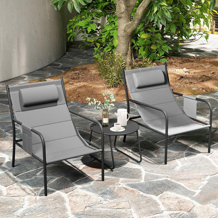 3 Piece Outdoor Bistro Set, Patio Metal Chair & Coffee Table, Breathable Seat Fabric & Cozy Headrest, Metal Conversation Set for Yard, Front Porch, Poolside (Gray)