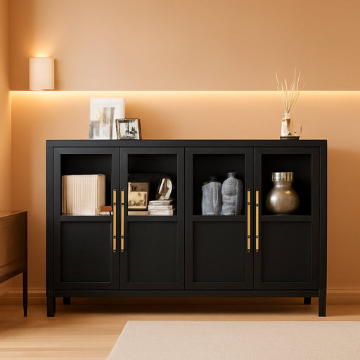 Sideboard Buffet Cabinet with 4 Glass Doors, 55 in Buffet Table Coffee Bar Wine Bar Display Cabinet for Kitchen Dining Room, Living Room (Glass with 4 Doors, Dark)