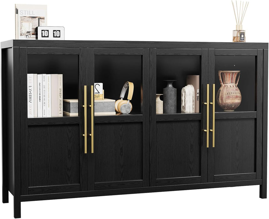 Sideboard Buffet Cabinet with 4 Glass Doors, 55 in Buffet Table Coffee Bar Wine Bar Display Cabinet for Kitchen Dining Room, Living Room (Glass with 4 Doors, Dark)
