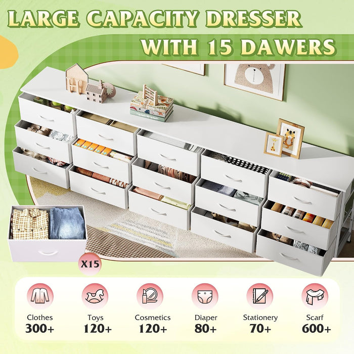 92 Inch Dresser TV Stand for 98 Inch TV, 15 Drawer Dresser, White