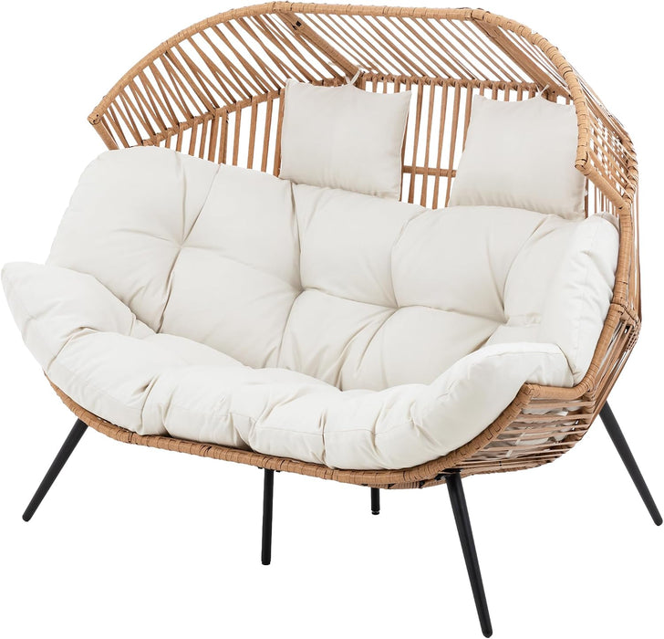 Wicker Double Egg Chair PE Rattan with Thicken Padded Cushion, 2 Person Oversized Patio Lounge Loveseat Chair for Outdoor, Indoor, Balcony, Backyard, Garden, Beige