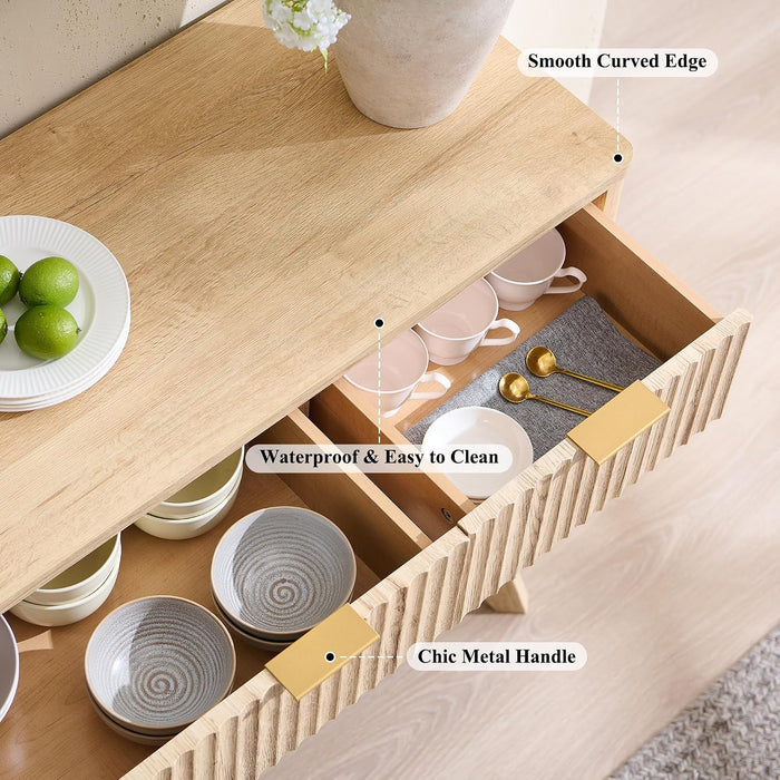60 Inch Fluted Buffet Sideboard Cabinet, Natural Oak | Modern Coffee Bar Storage Cabinet with 3 Drawers, for Dining Room, Living Room, Hallway, Oak Wood Grain, Adjustable Shelves
