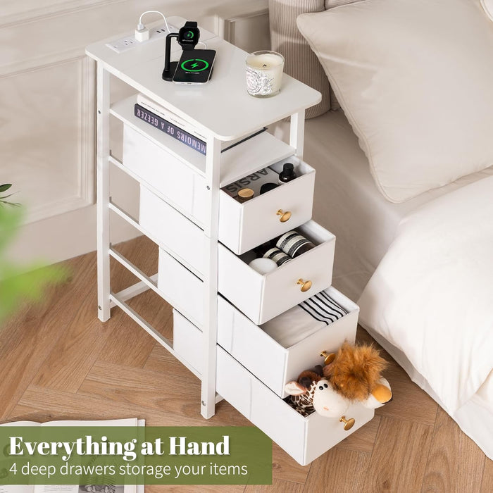 LED Narrow Nightstand with Charging Station - Slim Dresser for Bedroom Narrow Side Table Storage Cabinet, Small Dressers Chest of Drawers, Tall Night Stand End Table for Small Spaces, White