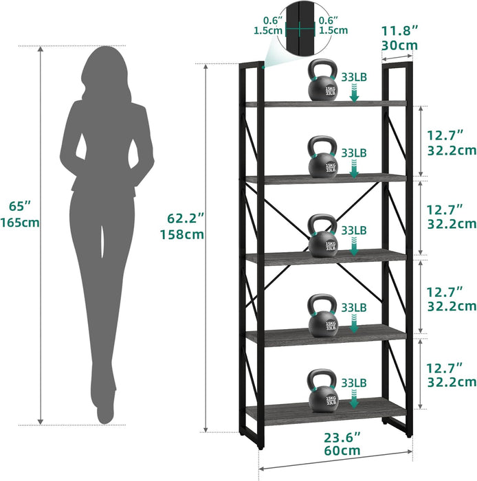 5 Tiers Bookshelf, Industrial Artsy Grey Bookcase Bookshelves, Book Rack, Storage Rack Shelves Books Holder Organizer for Books Movies in Living Room Home Office, Charcoal Gray + Black
