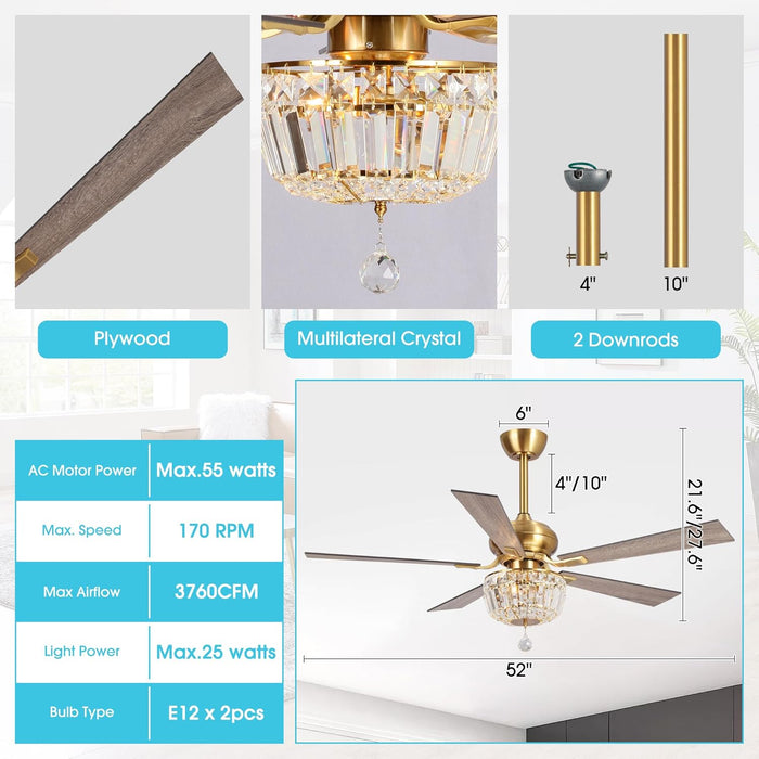 52 Inch Gold Ceiling Fans with Lights and Remote Crystal Chandelier Fan