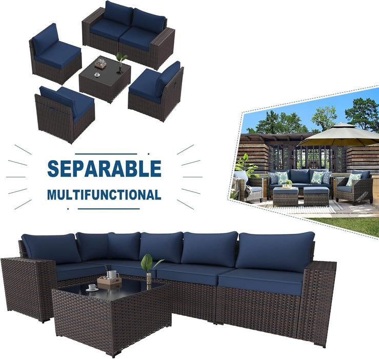 6PCS Outdoor Patio Furniture Set PE Wicker Rattan Sectional Sofa Patio Conversation Sets,Navy Blue