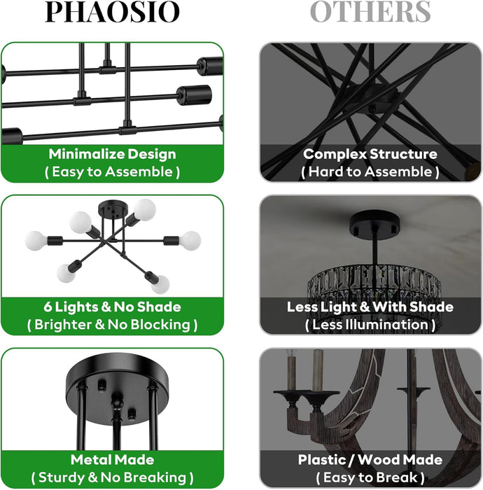 Modern Sputnik Chandelier Ceiling Light Fixtures, 6-Lights 22” Mid Century Industrial Metal Semi Flush Mount for Dining Room, Bedroom, Living Room-Black