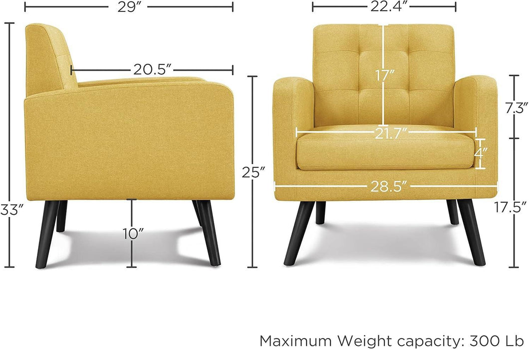 Yellow Compact Mid Century Upholstered Tufted Armchair