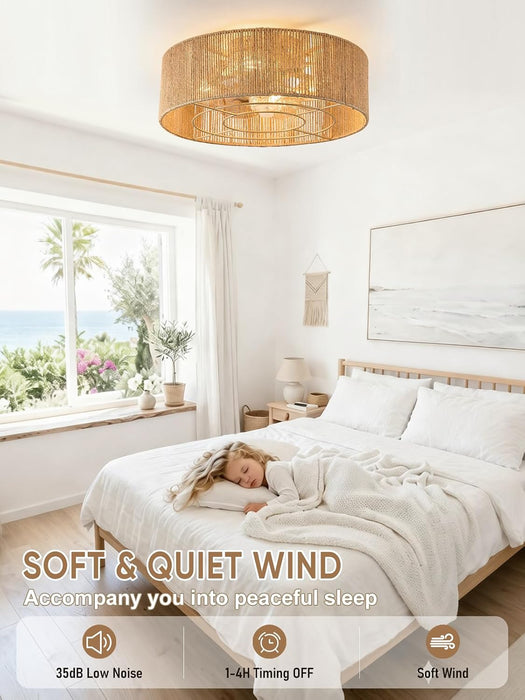 Boho Rattan Caged Fandelier Ceiling Fans with Lights and Remote Control