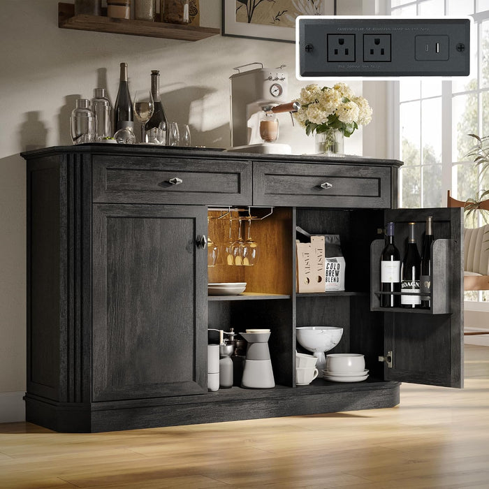 47" Wine Bar Cabinet with LED Light & Power Outlets, 2 Door Coffee Bar Cabinet with 2 Drawers, Sideboard Buffet Cabinet with Storage, Liquor Cabinet for Home Bar, Kitchen Living Room, Black