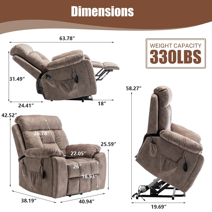 Oversized Electric Massage Lift Chair, Large Power Lift Recliner with Heat Therapy, Fabric Reclining Sofa with Remote, Hidden Cup Holder and Side Pocket for Elderly Seniors, Antique Brown