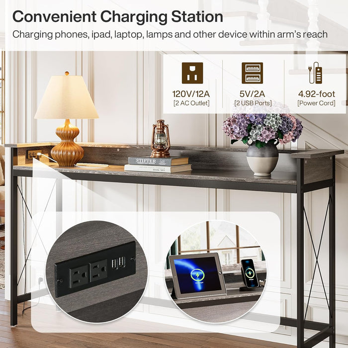 Sofa Table with Outlets and USB Ports, 70.9 Inch Extra Long Console Table behind Couch with Charging Station, Industrial Narrow Entryway Hallway Accent Table for Living Room
