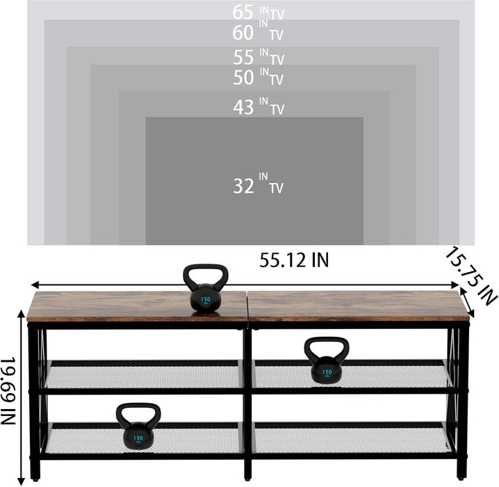 TV Stand for Tvs up to 65 Inch, 55" Long Industrial TV Console Table with 3-Tier Storage Shelves, Entertainment Center for Living Room, Bedroom (Brown)