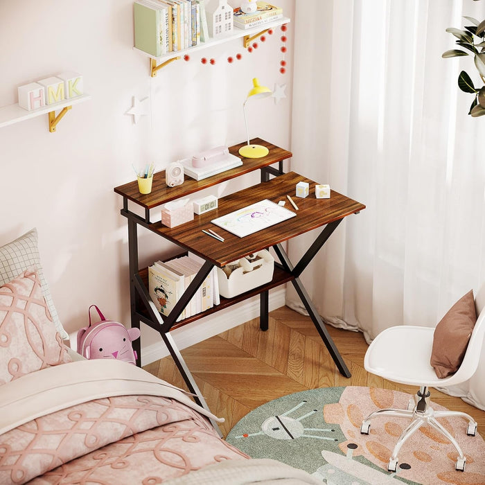 Small Desk, 27.5 Inch Small Computer Desk for Small Spaces, Compact Desk with Storage, Tiny Desk Study Desk with Monitor Stand for Home Office, Espresso