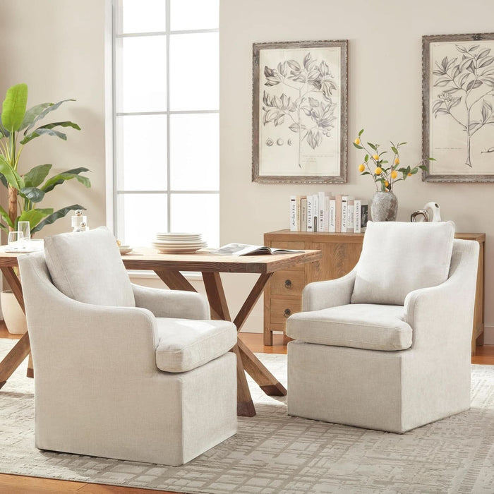 Upholstered Dining Chairs Set of 2, Modern Kitchen Chairs Dinner Chairs with 4 Casters, Linen Armchair for Bedroom Reading Room Living Room, Beige