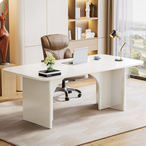 Modern White Desk, Large Minimalist Executive Office Computer Desk Writing Study Makeup Vanity Table Workstation with Arch Design Legs, 63 X 31.5 Inch