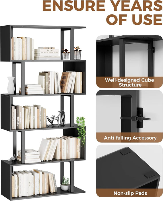5-Tier Tall Bookshelf, S-Shaped Book Shelf Unit, Black