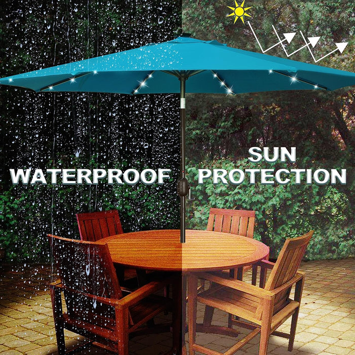 9 Ft Solar Umbrella 32 LED Lighted Patio Umbrella Table Market Umbrella with Tilt and Crank Outdoor Umbrella for Garden, Deck, Backyard, Pool and Beach (Cerulean)