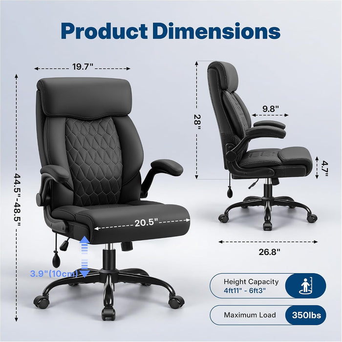 Office Chair, High Back Ergonomic Desk Chair with Inflatable Lumbar Support for Lower Back Pain Relief, Executive Leather Computer Chair with Rocking Function & Padded Flip-Up Arm