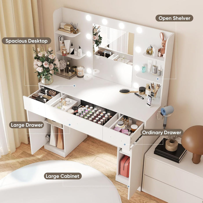 Makeup Vanity Desk with Mirror and Adjustable 10 LED Bulbs, White | Vanity Makeup Table with Power Outlets and Hairdryer Rack, Dressing Table with 3 Drawers & 2 Large Cabinet, 3 Color Lighting