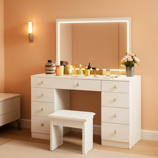 Vanity with Lighted Mirror - Glass Top Makeup Desk with Power Outlet and 9 Drawers, 3 Color Lighting Modes Adjustable Brightness, 43" Vanity Desk with Soft Cushioned Stool for Bedroom, White