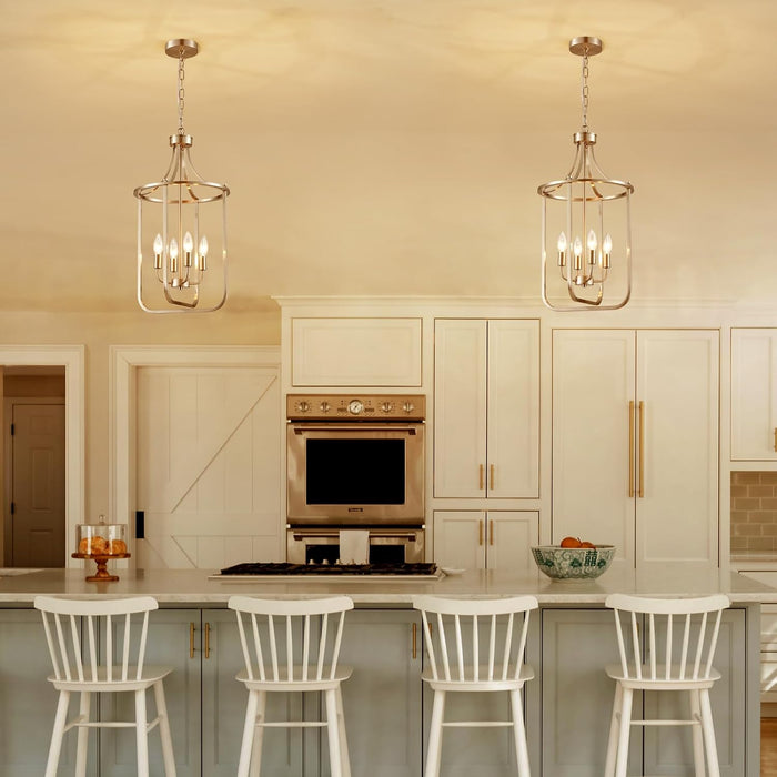 12.4" Brushed Nickel Lantern Chandeliers for Dining Room 4 Lights Farmhouse Geometric Cage Pendant Lighting Fixture Adjustable Height Hanging Lamp for Kitchen Island Entryway Living Room Foyer