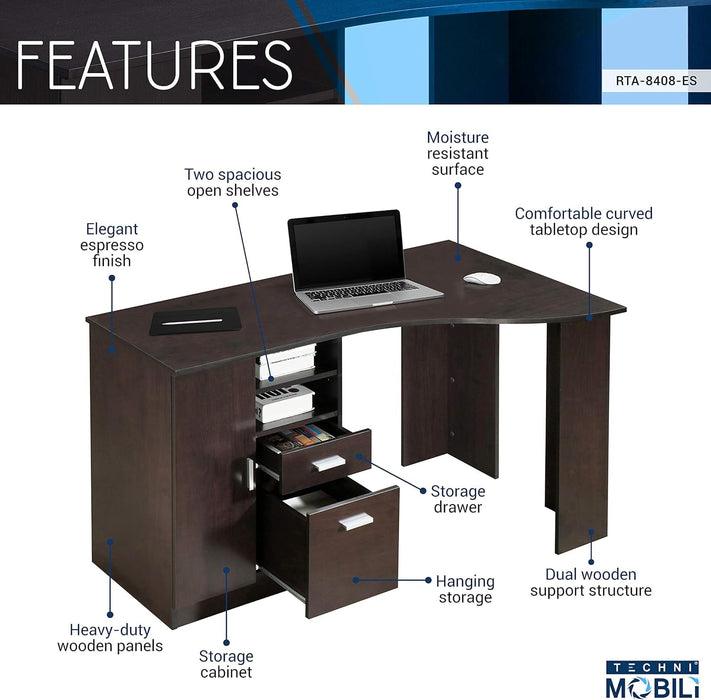 Classic Espresso Office Desk with Storage Shelves and Drawers - ShipItFurniture