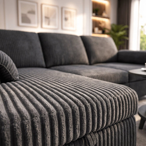 Macro shot of gray corduroy fabric on sectional sofa highlighting plush, ridged texture and detailed fibers.
