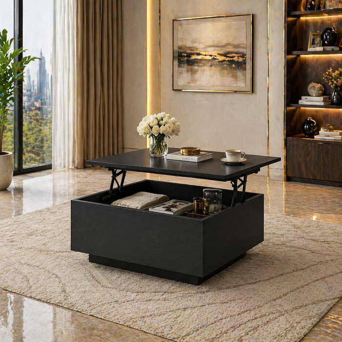 88" Black Faux Leather Sofa with USB Ports & Lift Top Storage Coffee Table Set