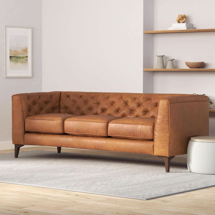 Cognac Tan Leather Sofa with Tufted Back Design - ShipItFurniture