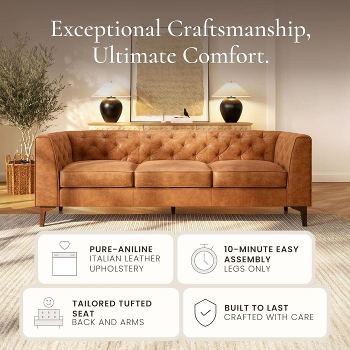 Cognac Tan Leather Sofa with Tufted Back Design - ShipItFurniture
