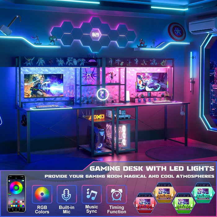 Compact Gaming Desk with LED Lights and Storage Shelves - ShipItFurniture