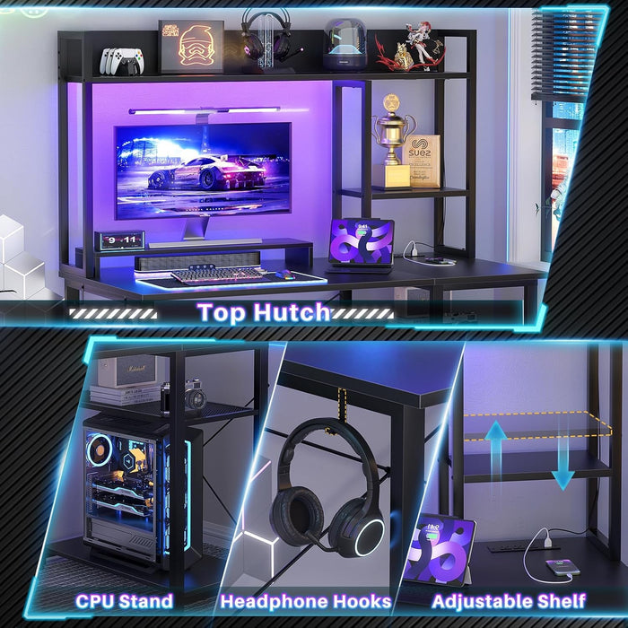 Compact Gaming Desk with LED Lights and Storage Shelves - ShipItFurniture