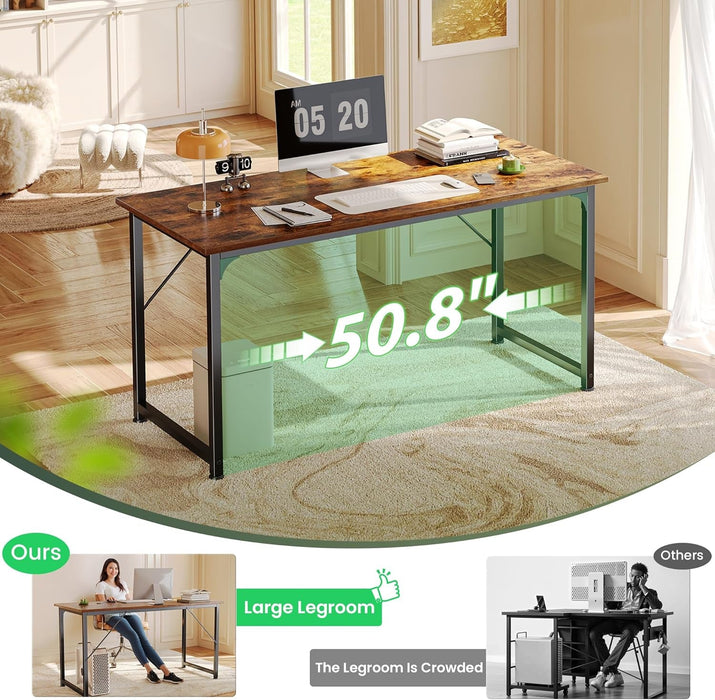 Computer Desk, 55 Inch Home Office Desk, Gaming Writing Work from Home Study Desk, Large Legroom, Sturdy Metal Frame, Modern Simple, Rustic Brown - ShipItFurniture