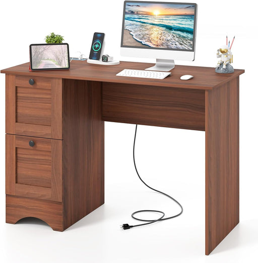 Computer Desk with 2 Drawers, 43” Wooden Home Office Desk with Charging Station, Compact Study Writing Desk, Modern Laptop PC Desk Workstation for Bedroom, Living Room (Walnut) - ShipItFurniture