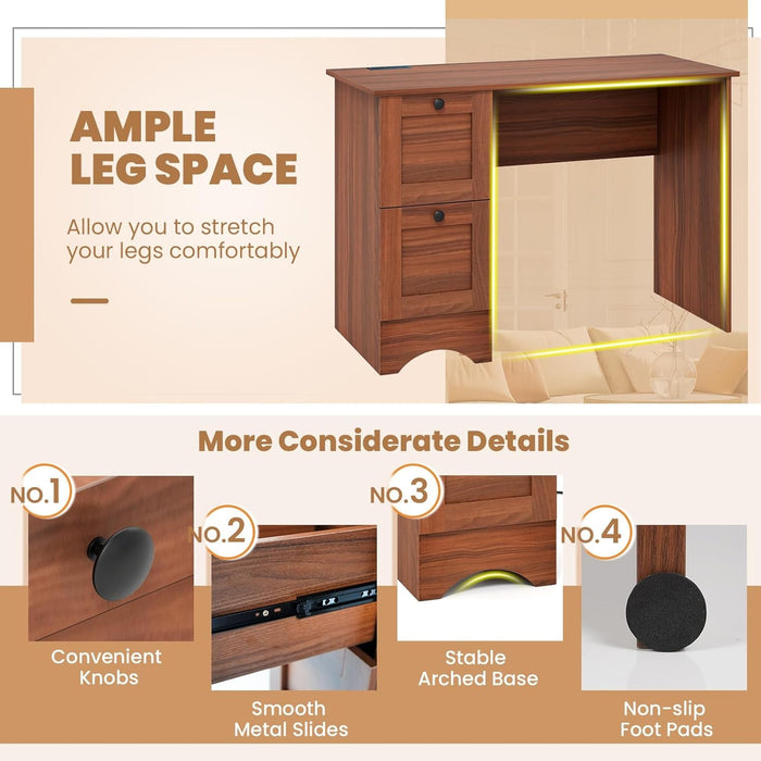 Computer Desk with 2 Drawers, 43” Wooden Home Office Desk with Charging Station, Compact Study Writing Desk, Modern Laptop PC Desk Workstation for Bedroom, Living Room (Walnut) - ShipItFurniture
