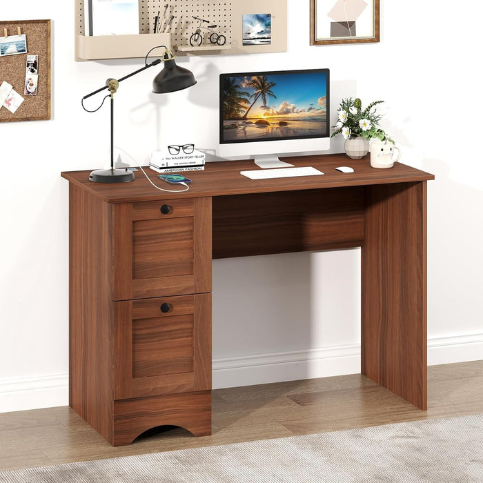 Computer Desk with 2 Drawers, 43” Wooden Home Office Desk with Charging Station, Compact Study Writing Desk, Modern Laptop PC Desk Workstation for Bedroom, Living Room (Walnut) - ShipItFurniture