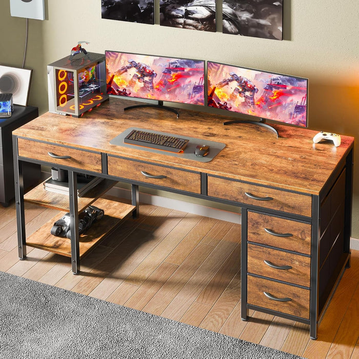 Computer Desk with 6 Drawers, 54 Inch Office Desk with Shelves, Reversible Gaming Desk, Corner Desk with Storage, Work for Home Office, Study, Living Room, Rustic Brown - ShipItFurniture