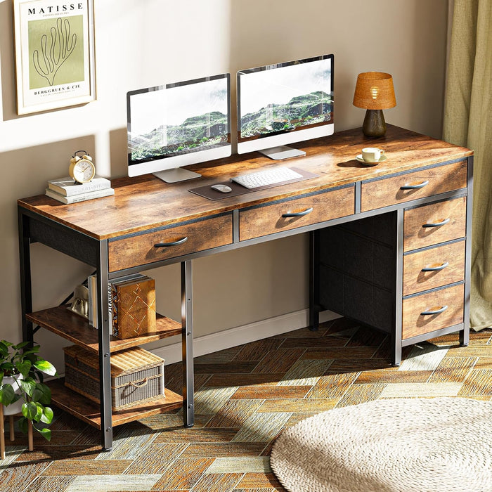 Computer Desk with 6 Drawers, 54 Inch Office Desk with Shelves, Reversible Gaming Desk, Corner Desk with Storage, Work for Home Office, Study, Living Room, Rustic Brown - ShipItFurniture