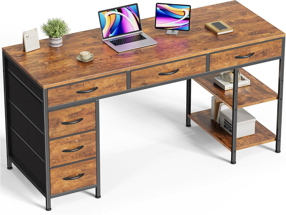 Computer Desk with 6 Drawers, 54 Inch Office Desk with Shelves, Reversible Gaming Desk, Corner Desk with Storage, Work for Home Office, Study, Living Room, Rustic Brown - ShipItFurniture