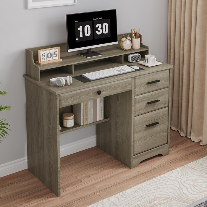 Computer Desk with Drawers, Farmhouse Home Office Desk with Monitor Stand and File Drawer, Wood Simple PC Desk with Storage, Writing Desk for Bedroom, Grey - ShipItFurniture