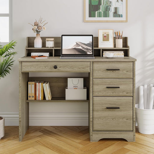 Computer Desk with Drawers, Farmhouse Home Office Desk with Monitor Stand and File Drawer, Wood Simple PC Desk with Storage, Writing Desk for Bedroom, Grey - ShipItFurniture